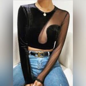 Bershka Black Sheer Panel Crop Top